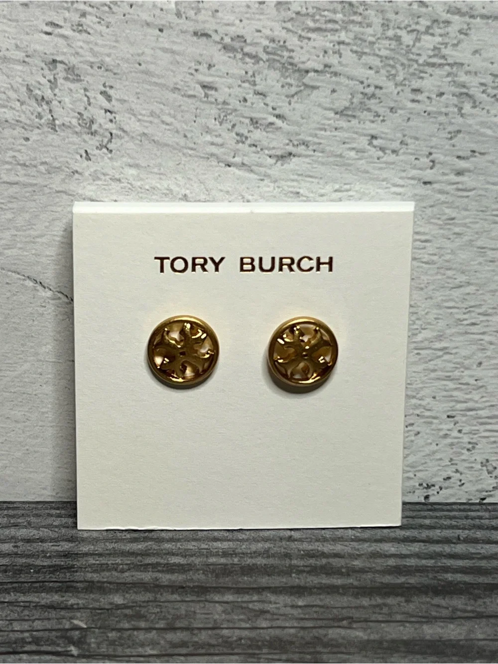 Tory Burch Gold Round Logo Cutout Stud Earrings - Picture 2 of 3